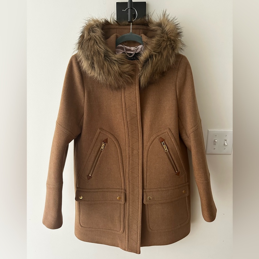 J. Crew Stadium Italian Wool Coat with Faux Fur Trim